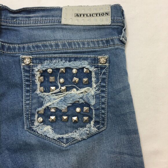 AFFLICTION Jenna Jeans Women 32x32 (30 tag) Gothic Studs Stretch Denim Crystal - Picture 9 of 16